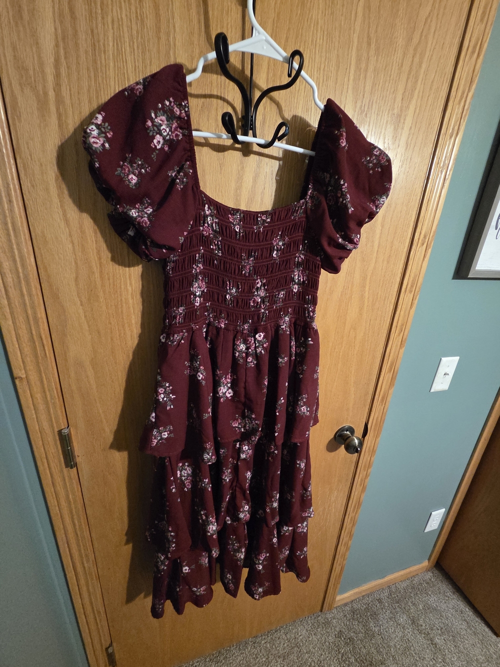 Altar'd State Burgundy Floral Smocked Tiered Midi Dress - Picture 4 of 4